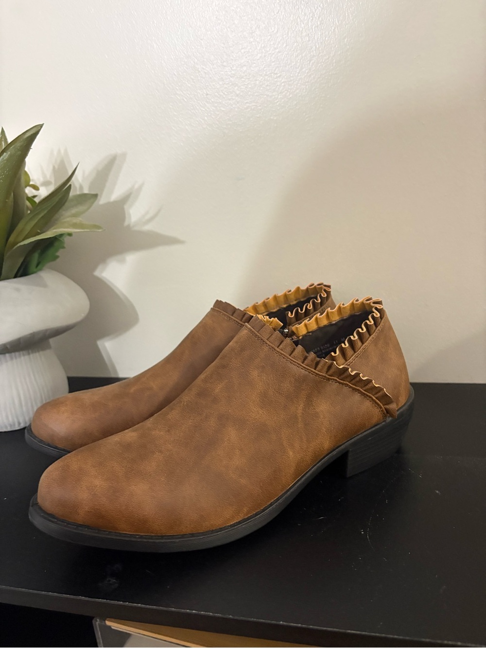 Brown Women's Ankle Booties with Ruffle Trim